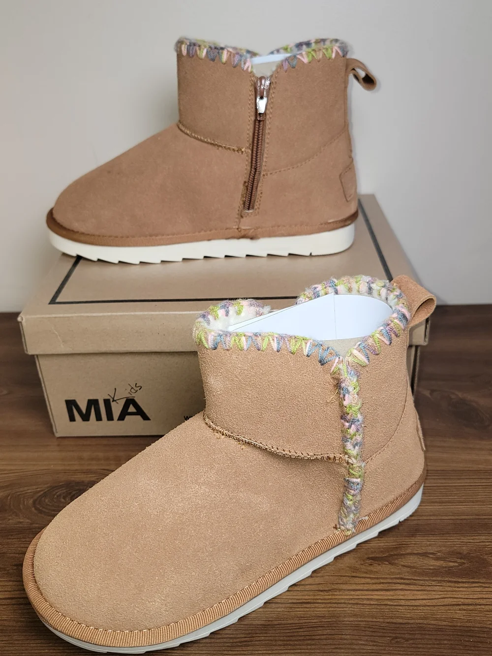 MIA Kids Tan Suede Cozy Ankle Boots - Size 5 Big Kid